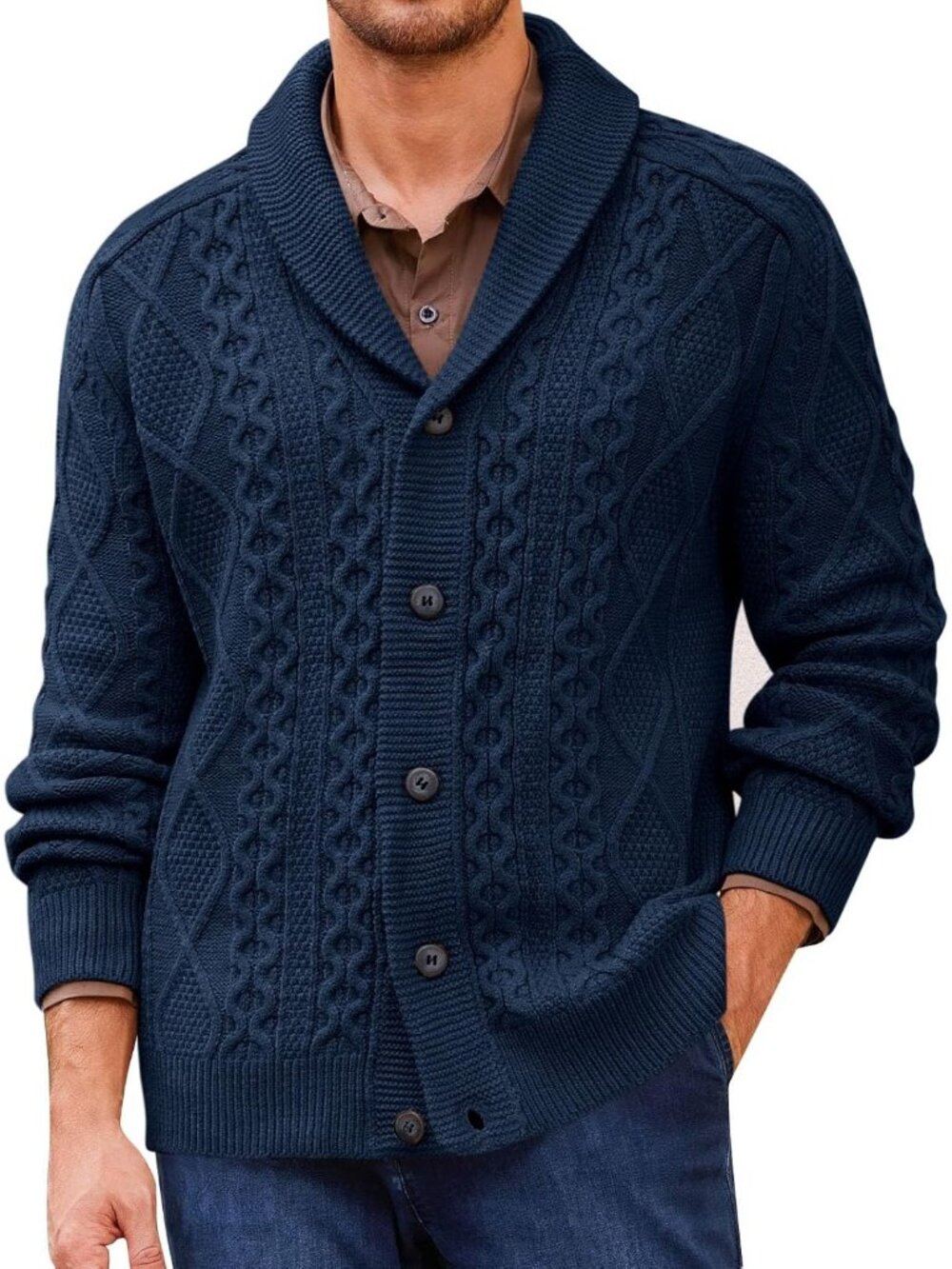 🆕Men's Navy Blue Chunky Knit Cardigan Sweater Shawl Collar Button Up Outerwear